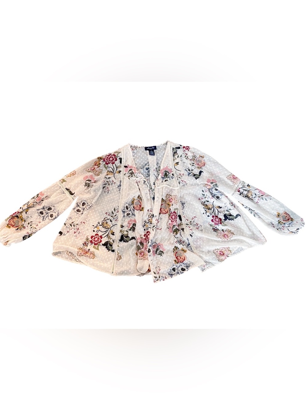 Anna Cai White Floral Embroidered Sheer Kimono Cardigan Size XS